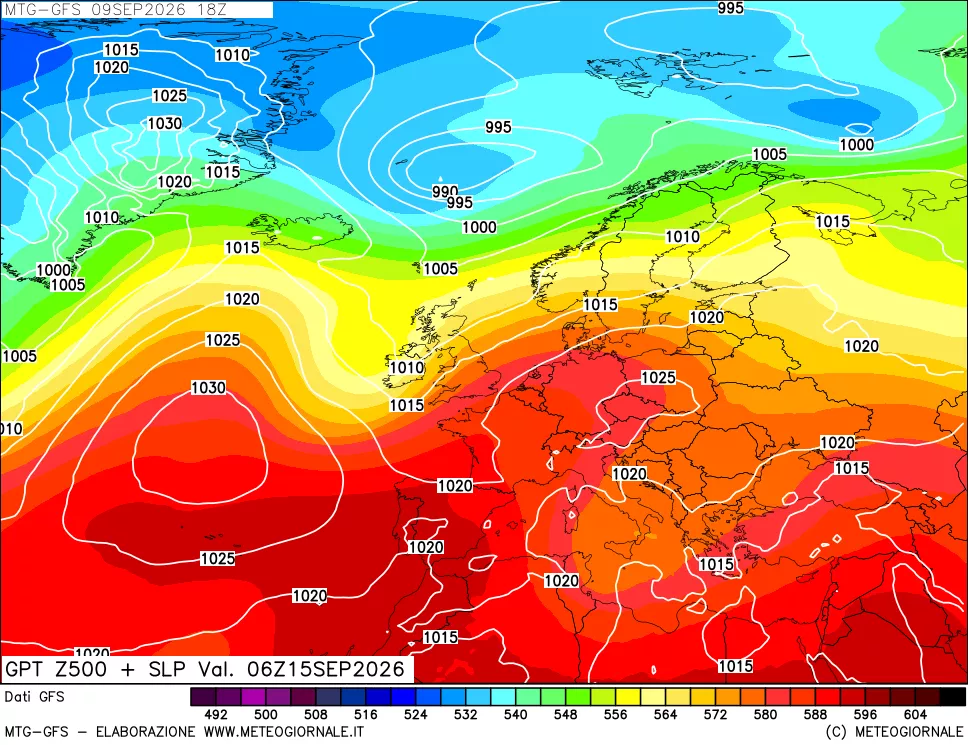 mappa GFS: Geopotenziale a 500 hPa + Pressione sul livello del mare