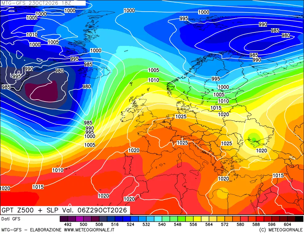 mappa GFS: Geopotenziale a 500 hPa + Pressione sul livello del mare