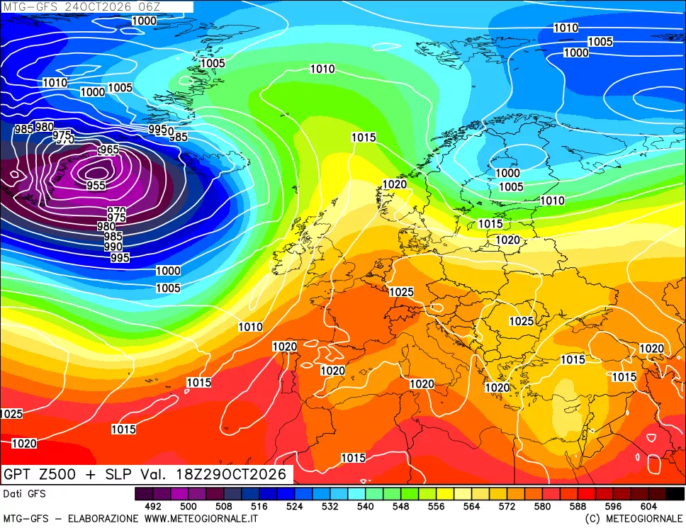 mappa GFS: Geopotenziale a 500 hPa + Pressione sul livello del mare