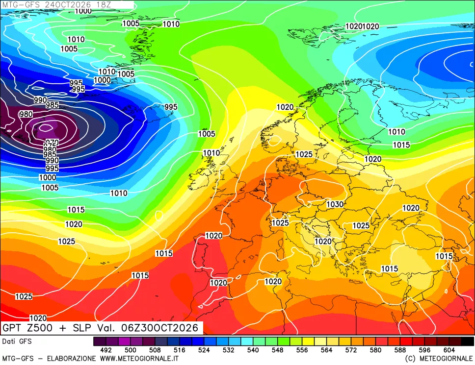 mappa GFS: Geopotenziale a 500 hPa + Pressione sul livello del mare