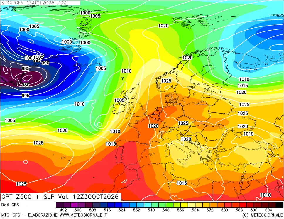 mappa GFS: Geopotenziale a 500 hPa + Pressione sul livello del mare