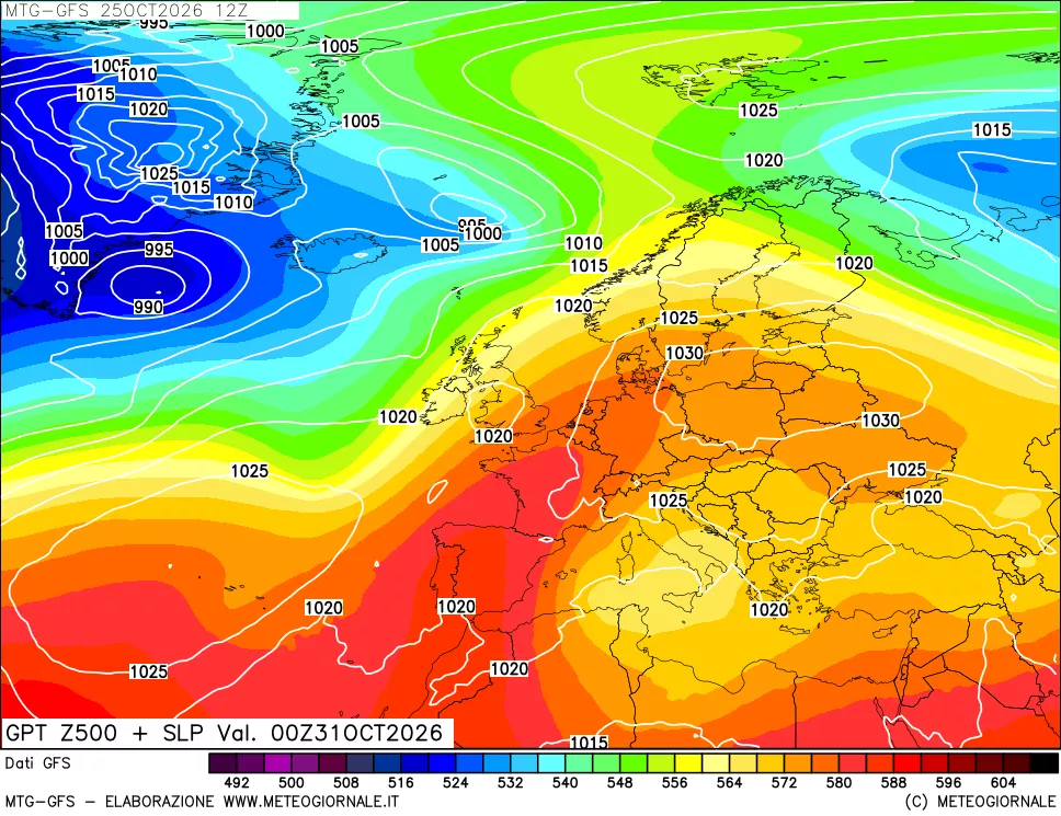 mappa GFS: Geopotenziale a 500 hPa + Pressione sul livello del mare