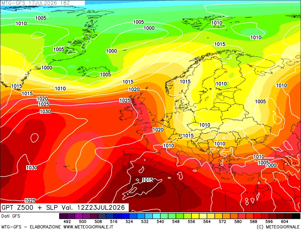 mappa GFS: Geopotenziale a 500 hPa + Pressione sul livello del mare
