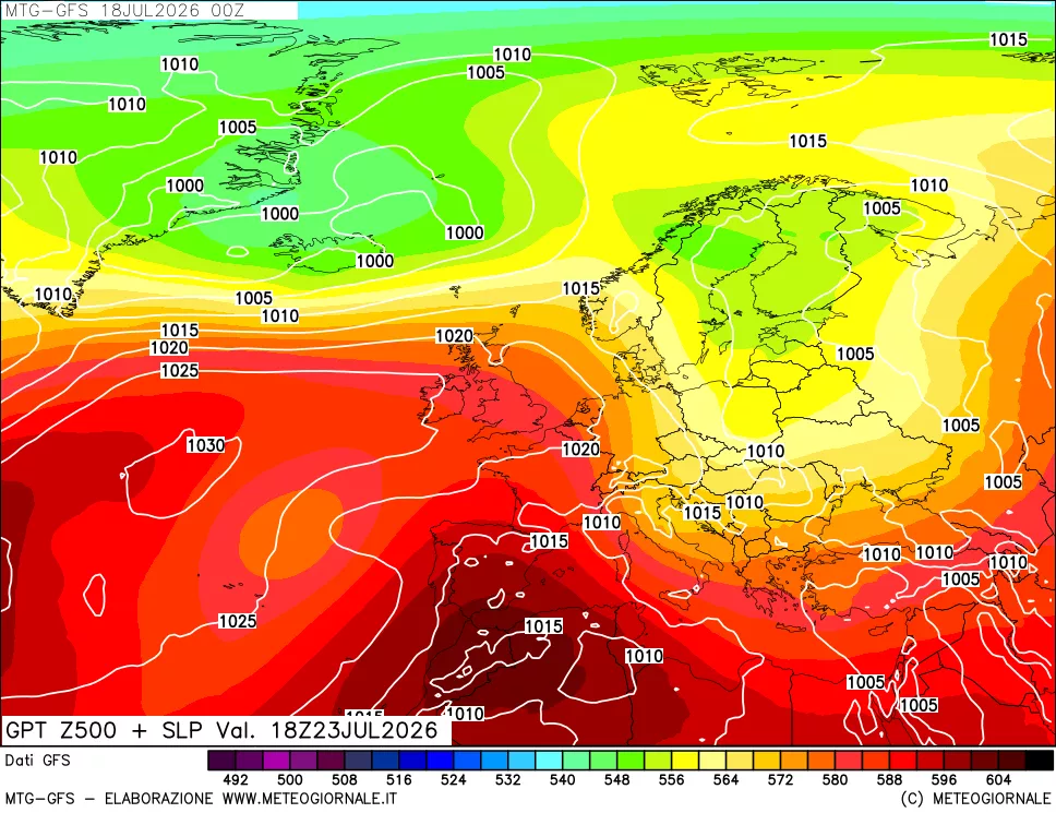 mappa GFS: Geopotenziale a 500 hPa + Pressione sul livello del mare
