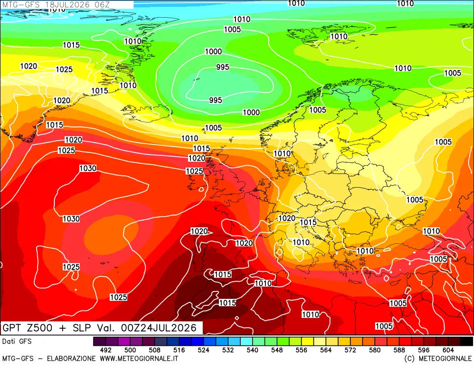 mappa GFS: Geopotenziale a 500 hPa + Pressione sul livello del mare