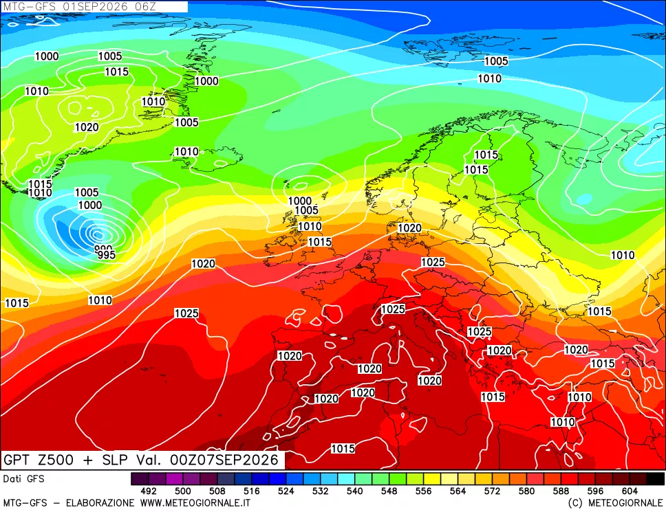 mappa GFS: Geopotenziale a 500 hPa + Pressione sul livello del mare