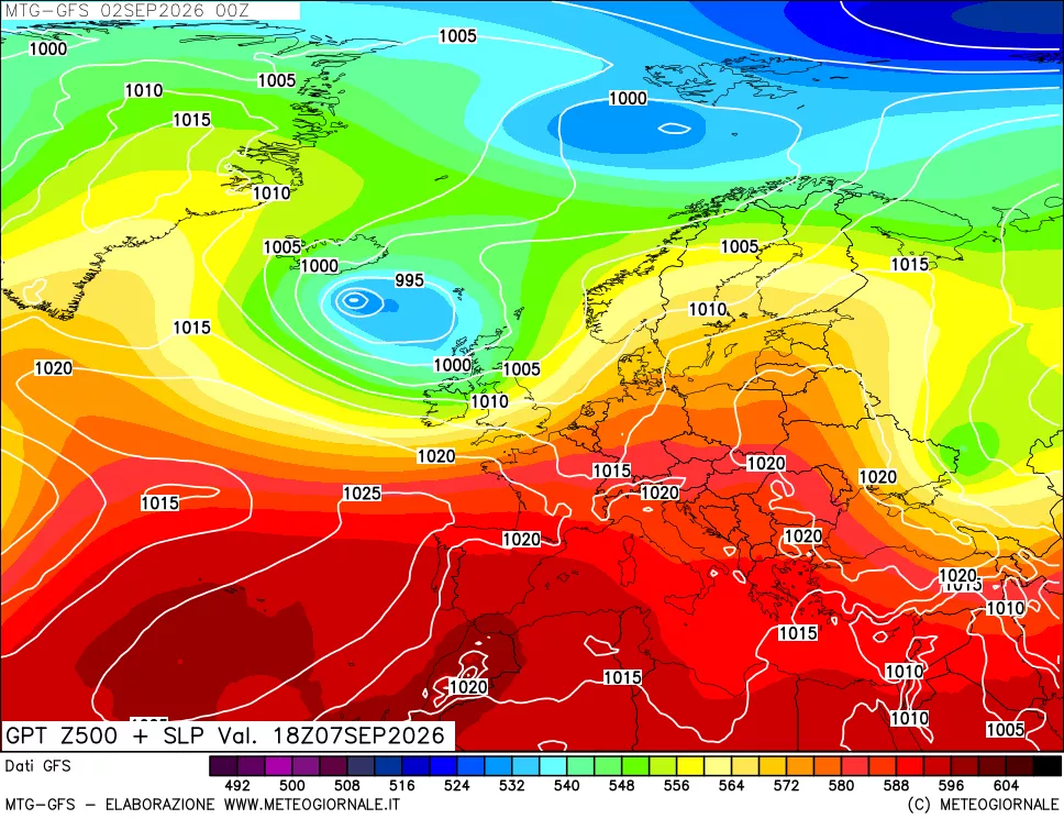 mappa GFS: Geopotenziale a 500 hPa + Pressione sul livello del mare
