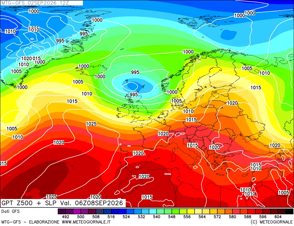 mappa GFS: Geopotenziale a 500 hPa + Pressione sul livello del mare
