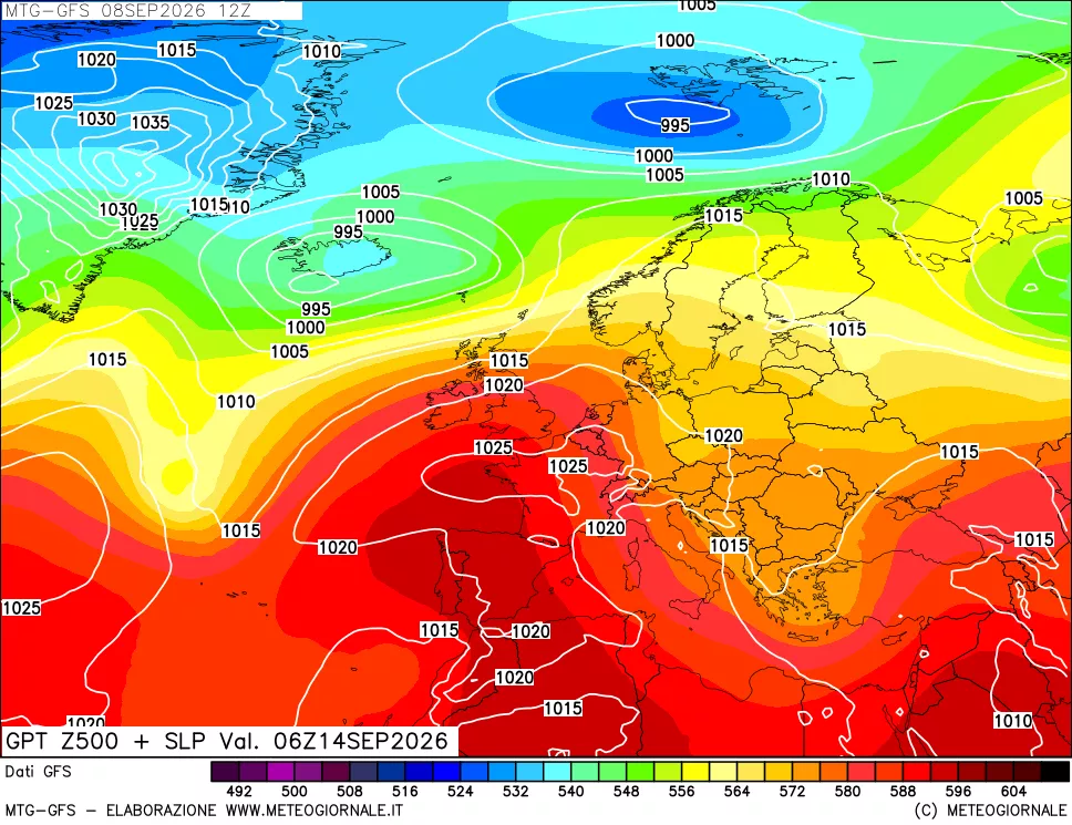 mappa GFS: Geopotenziale a 500 hPa + Pressione sul livello del mare