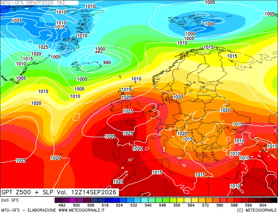 mappa GFS: Geopotenziale a 500 hPa + Pressione sul livello del mare