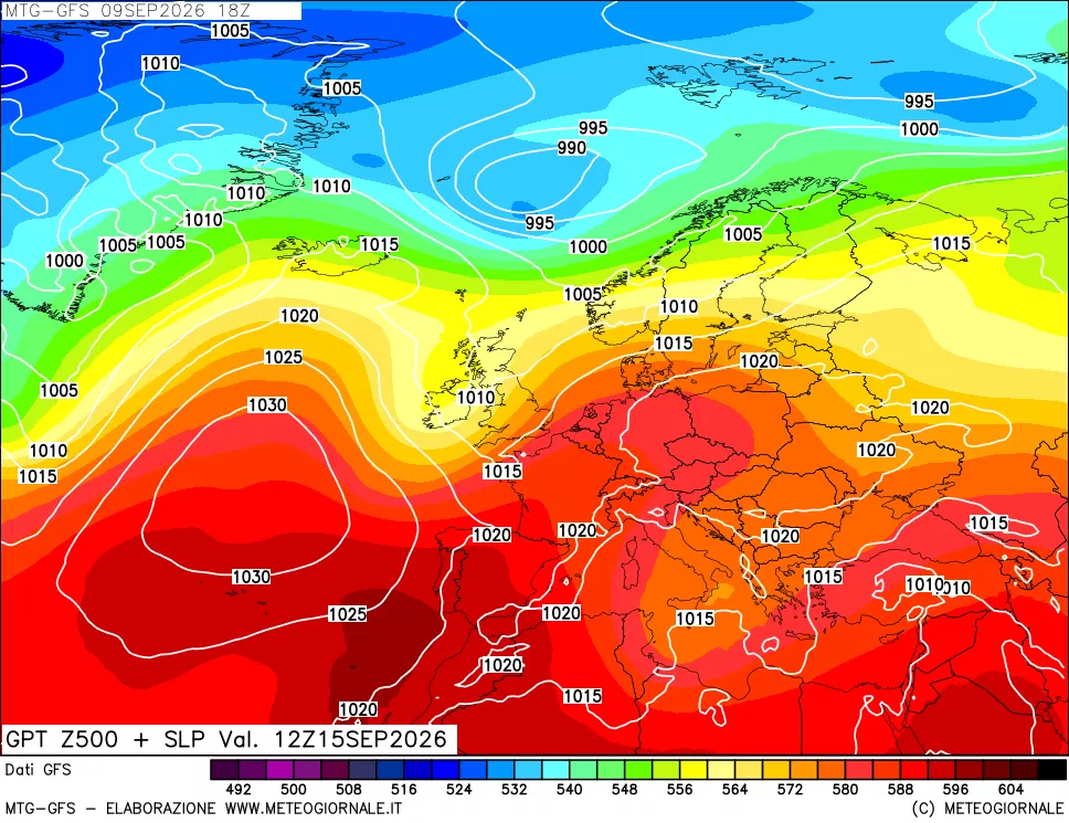 mappa GFS: Geopotenziale a 500 hPa + Pressione sul livello del mare