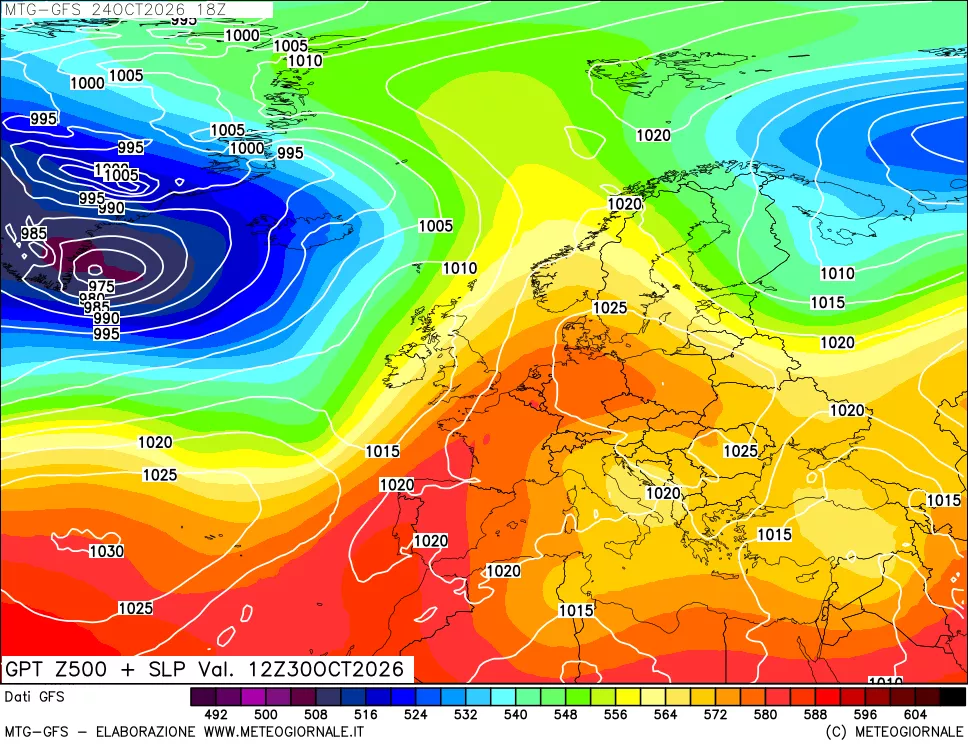 mappa GFS: Geopotenziale a 500 hPa + Pressione sul livello del mare