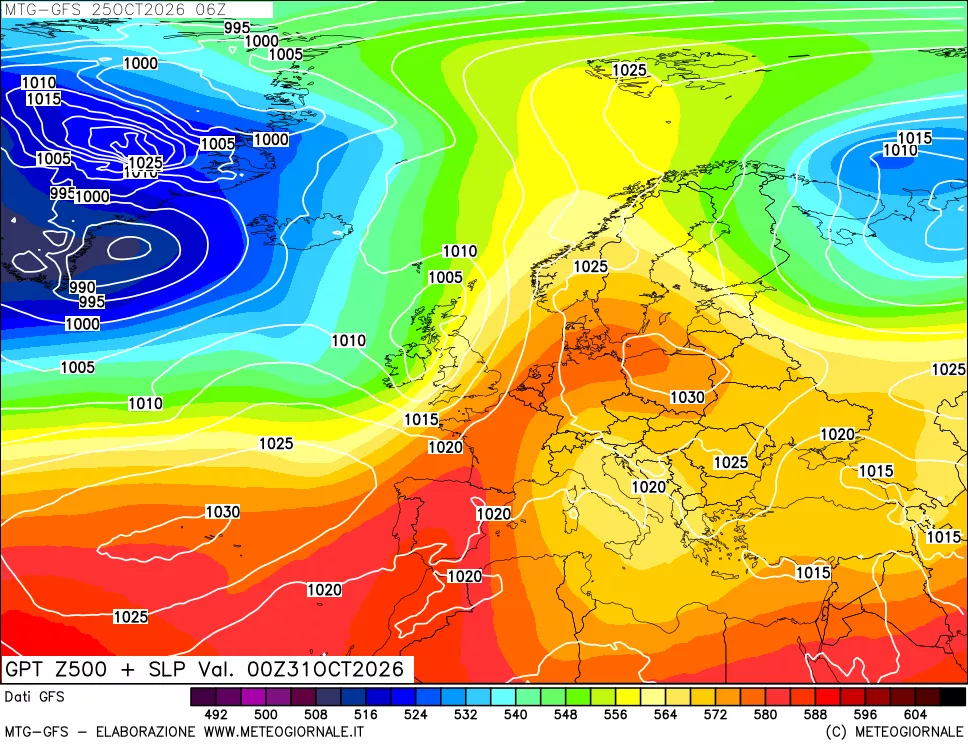 mappa GFS: Geopotenziale a 500 hPa + Pressione sul livello del mare