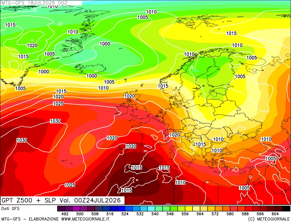 mappa GFS: Geopotenziale a 500 hPa + Pressione sul livello del mare