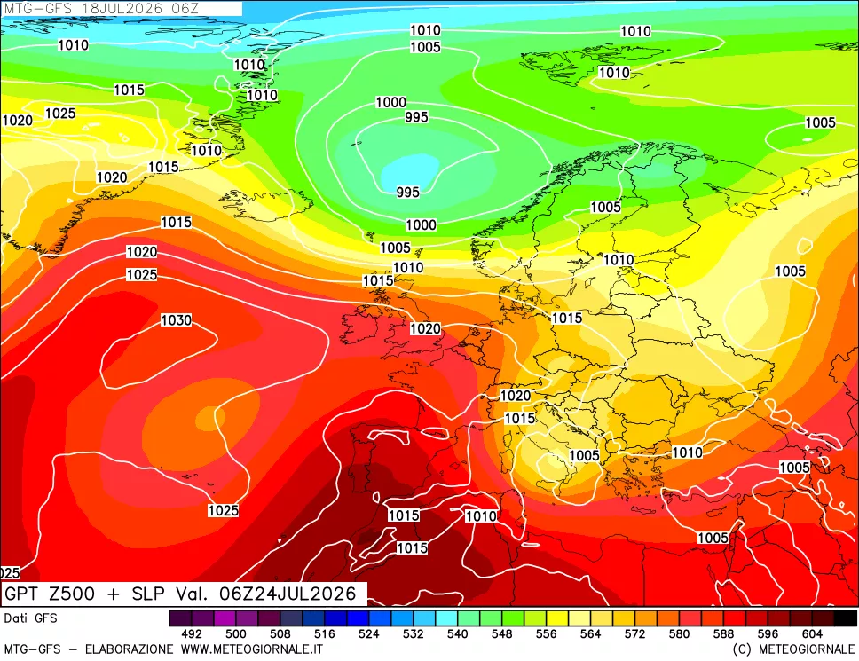 mappa GFS: Geopotenziale a 500 hPa + Pressione sul livello del mare