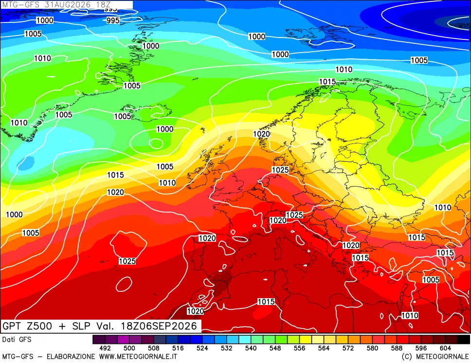 mappa GFS: Geopotenziale a 500 hPa + Pressione sul livello del mare