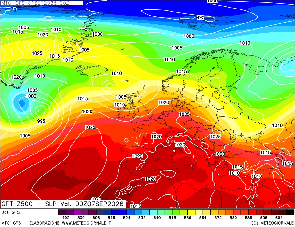 mappa GFS: Geopotenziale a 500 hPa + Pressione sul livello del mare