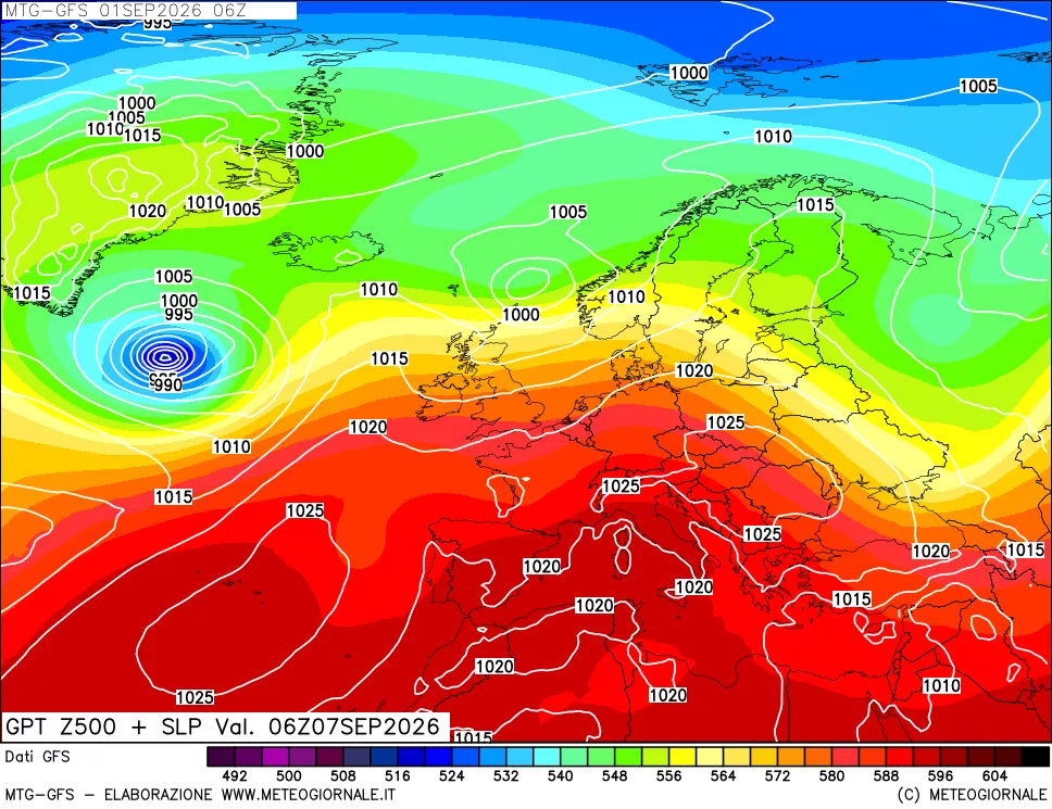 mappa GFS: Geopotenziale a 500 hPa + Pressione sul livello del mare