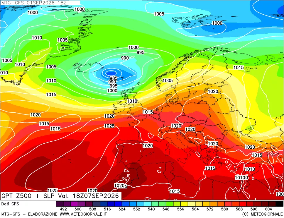 mappa GFS: Geopotenziale a 500 hPa + Pressione sul livello del mare