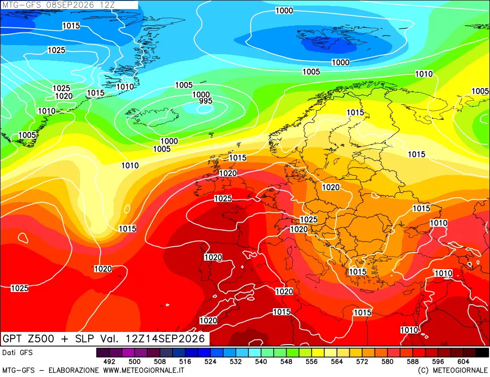 mappa GFS: Geopotenziale a 500 hPa + Pressione sul livello del mare