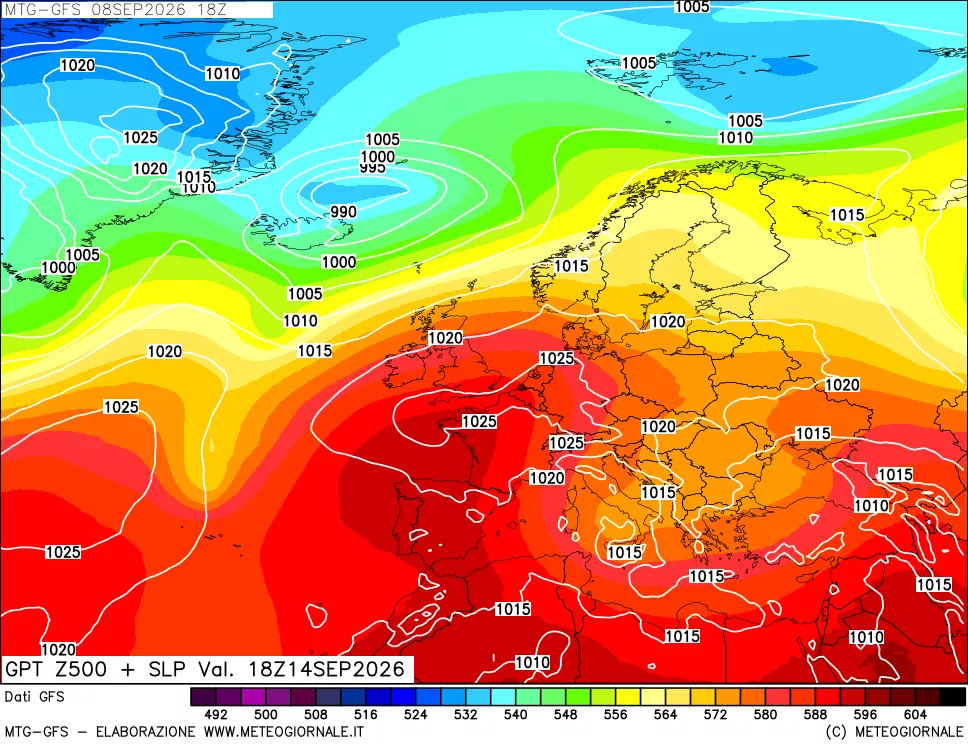 mappa GFS: Geopotenziale a 500 hPa + Pressione sul livello del mare