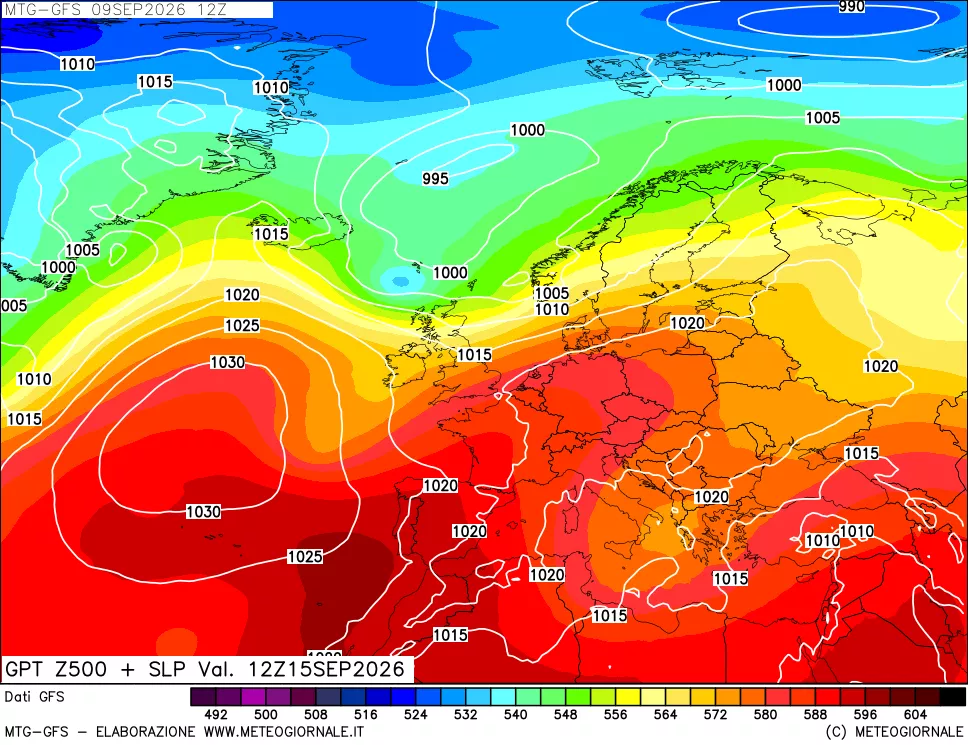 mappa GFS: Geopotenziale a 500 hPa + Pressione sul livello del mare
