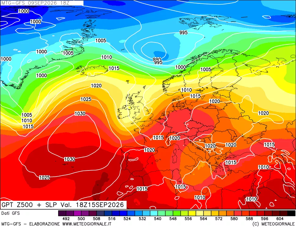 mappa GFS: Geopotenziale a 500 hPa + Pressione sul livello del mare