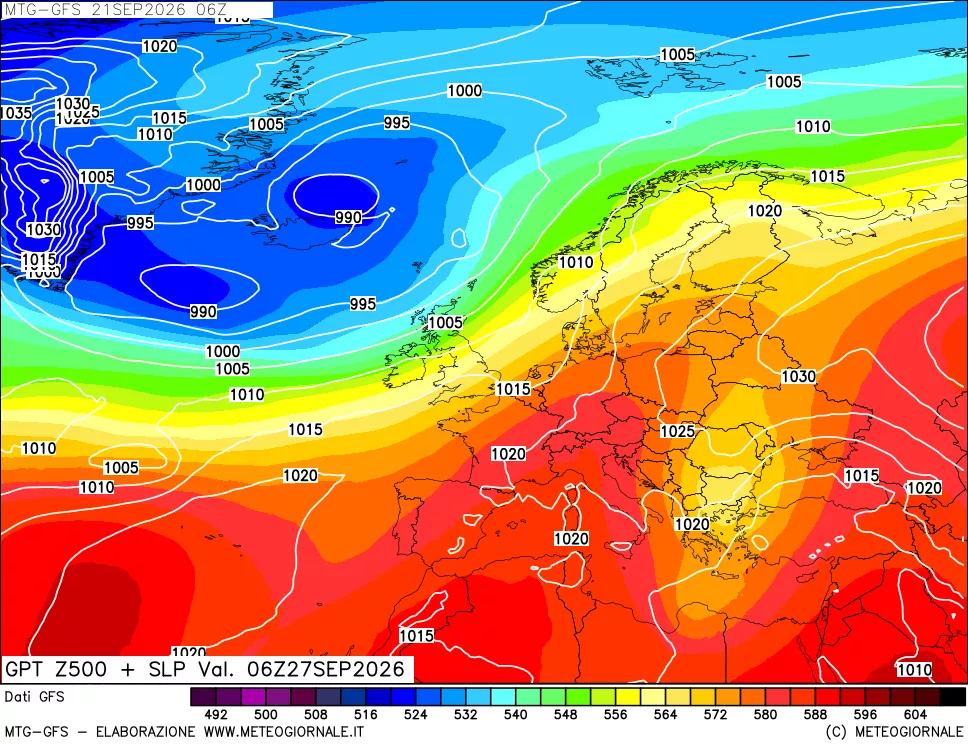 mappa GFS: Geopotenziale a 500 hPa + Pressione sul livello del mare