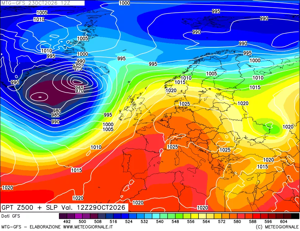 mappa GFS: Geopotenziale a 500 hPa + Pressione sul livello del mare