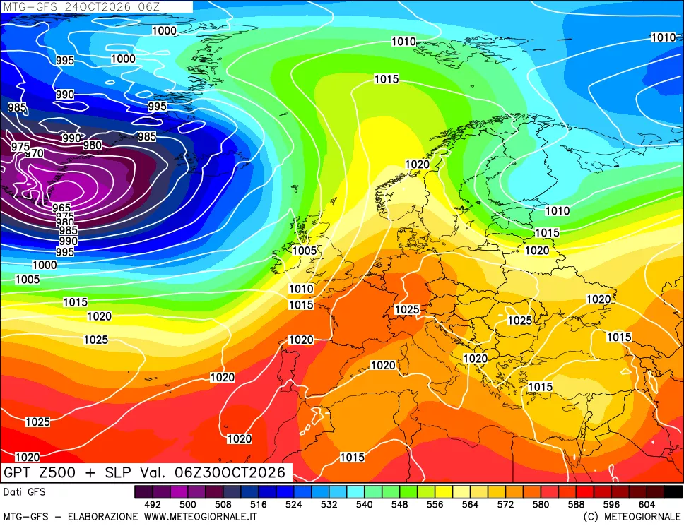 mappa GFS: Geopotenziale a 500 hPa + Pressione sul livello del mare