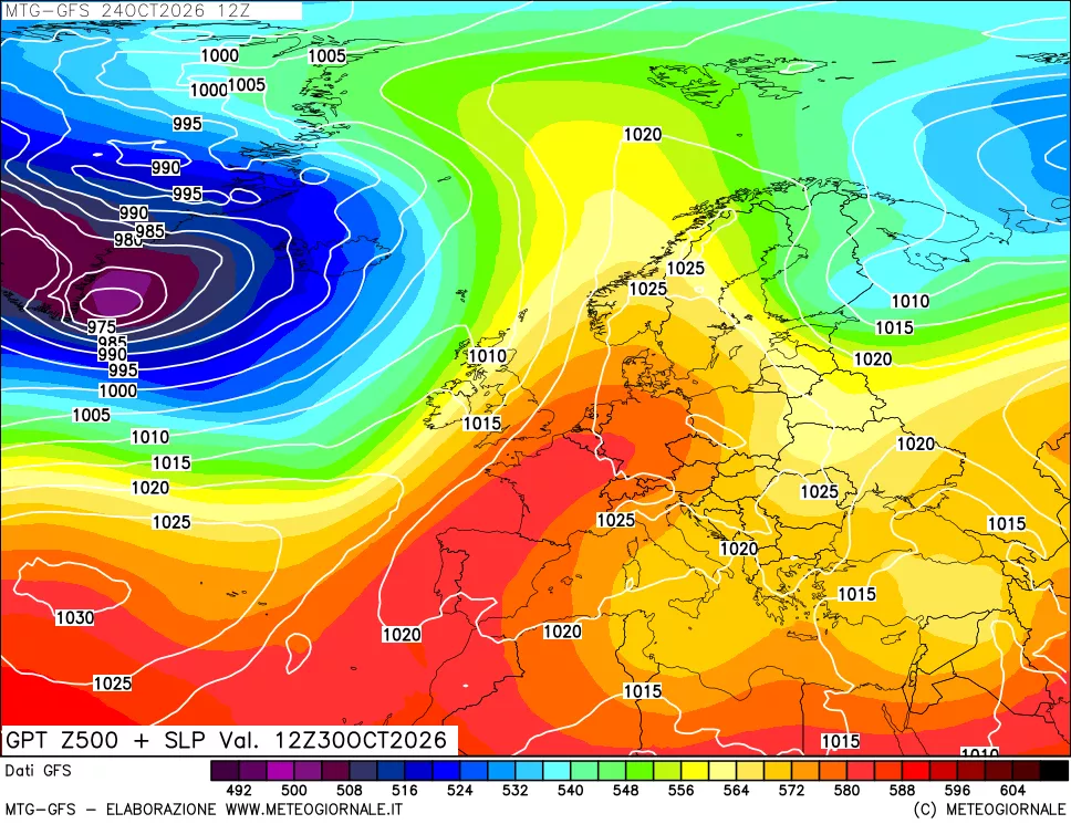 mappa GFS: Geopotenziale a 500 hPa + Pressione sul livello del mare