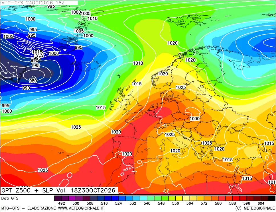 mappa GFS: Geopotenziale a 500 hPa + Pressione sul livello del mare