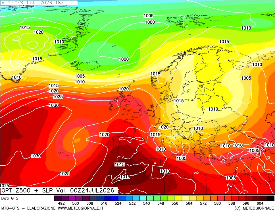 mappa GFS: Geopotenziale a 500 hPa + Pressione sul livello del mare