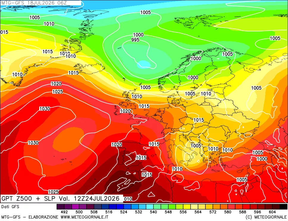 mappa GFS: Geopotenziale a 500 hPa + Pressione sul livello del mare