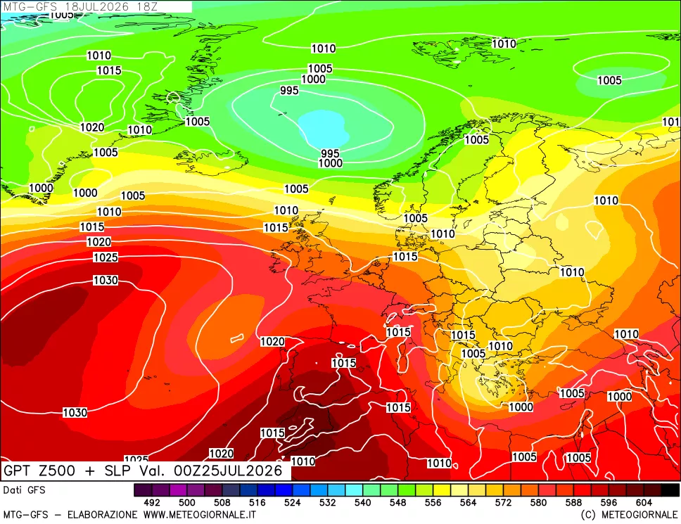 mappa GFS: Geopotenziale a 500 hPa + Pressione sul livello del mare