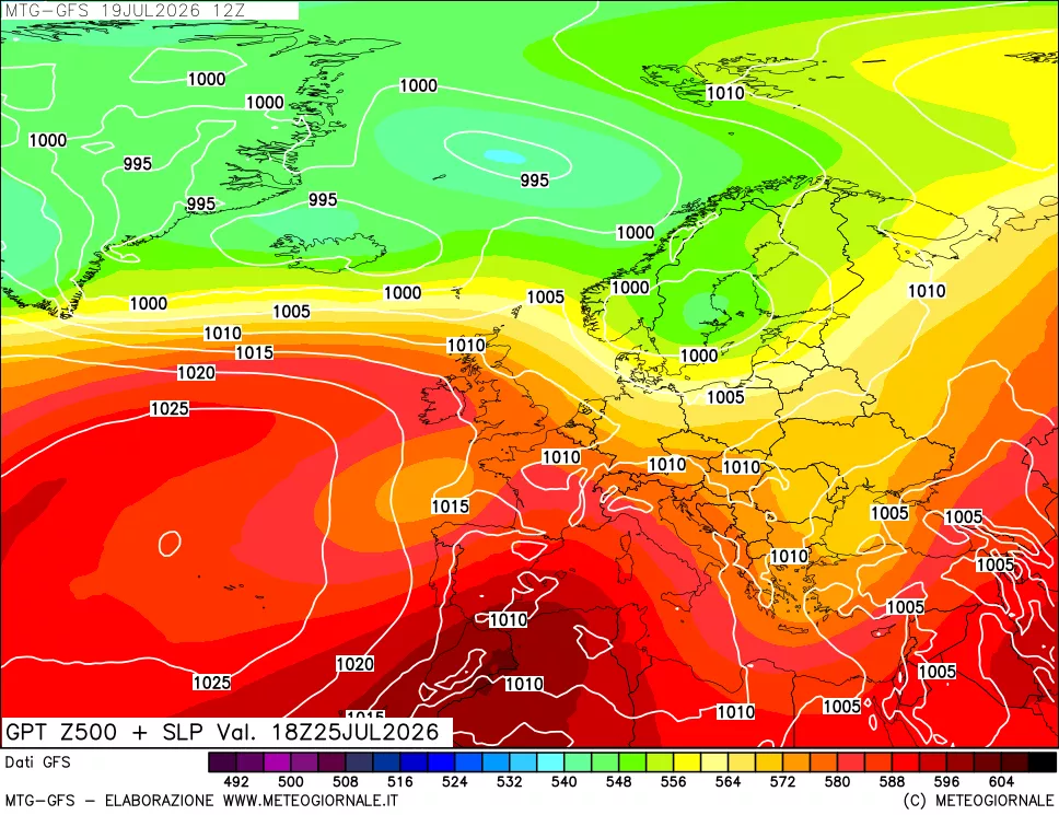mappa GFS: Geopotenziale a 500 hPa + Pressione sul livello del mare