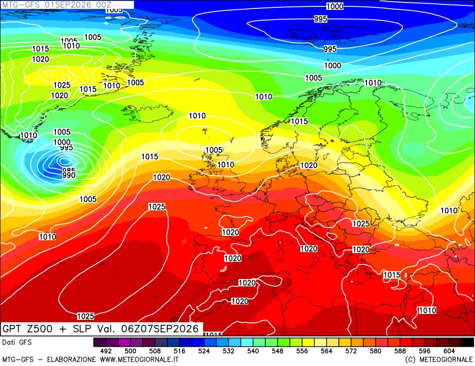 mappa GFS: Geopotenziale a 500 hPa + Pressione sul livello del mare