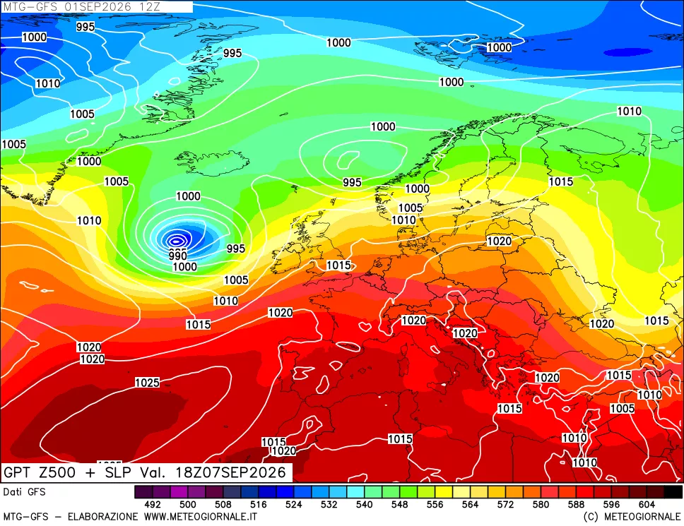 mappa GFS: Geopotenziale a 500 hPa + Pressione sul livello del mare