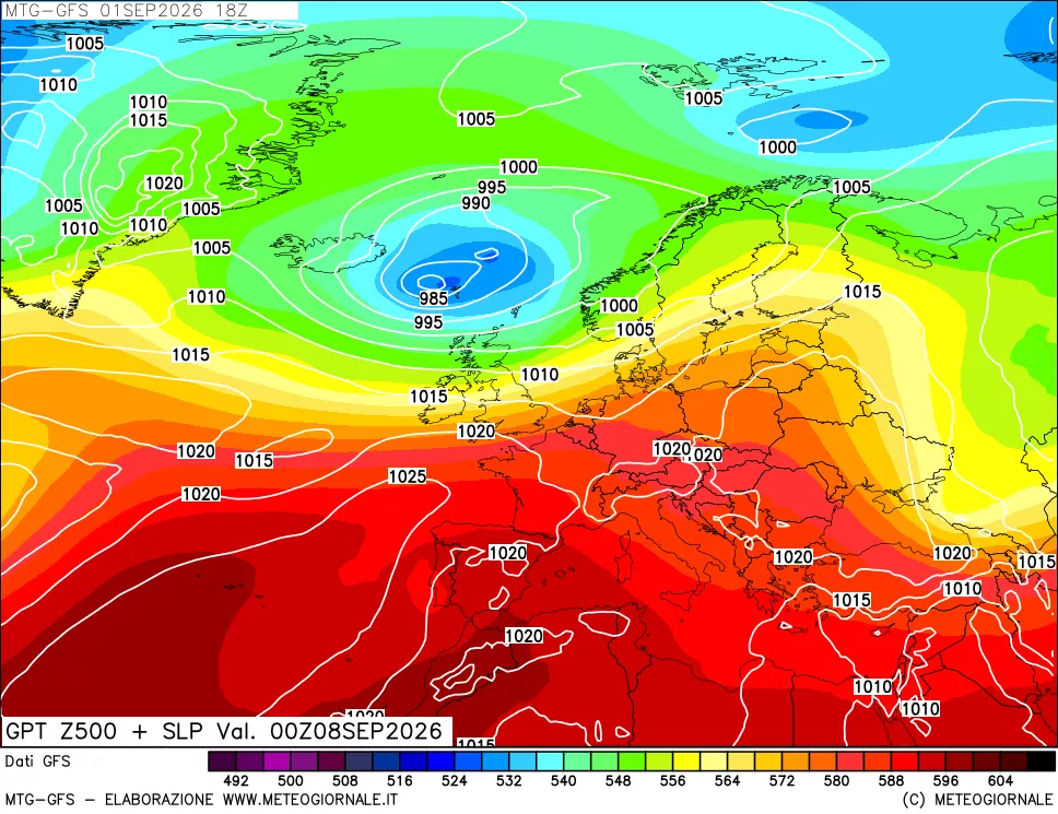 mappa GFS: Geopotenziale a 500 hPa + Pressione sul livello del mare