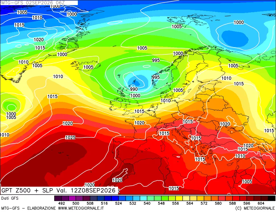 mappa GFS: Geopotenziale a 500 hPa + Pressione sul livello del mare
