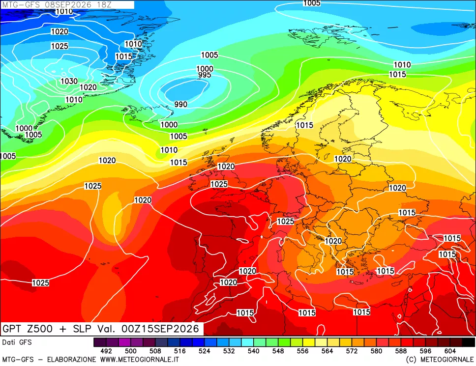mappa GFS: Geopotenziale a 500 hPa + Pressione sul livello del mare