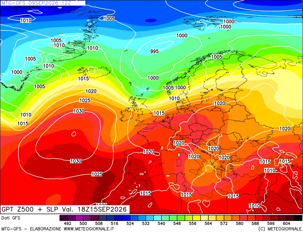 mappa GFS: Geopotenziale a 500 hPa + Pressione sul livello del mare
