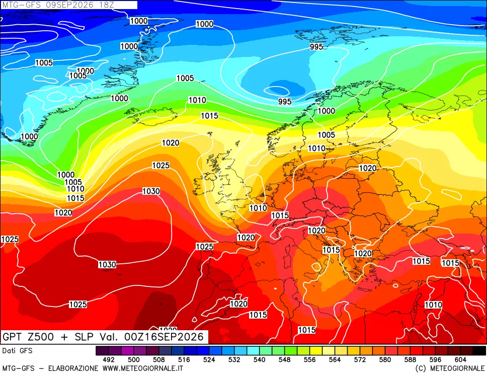 mappa GFS: Geopotenziale a 500 hPa + Pressione sul livello del mare
