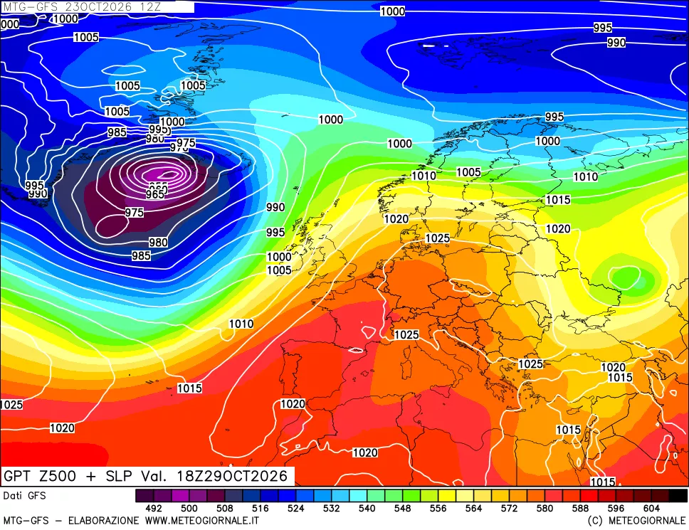 mappa GFS: Geopotenziale a 500 hPa + Pressione sul livello del mare