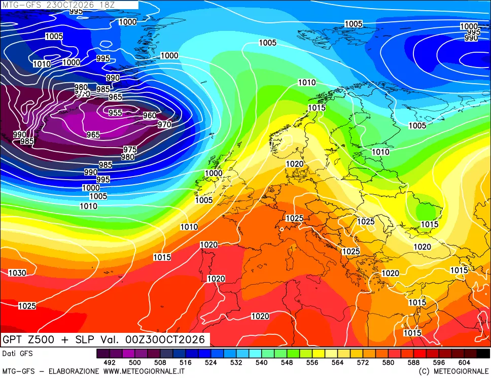 mappa GFS: Geopotenziale a 500 hPa + Pressione sul livello del mare