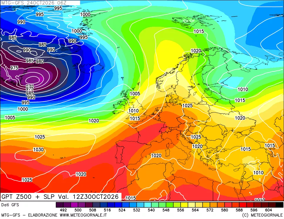 mappa GFS: Geopotenziale a 500 hPa + Pressione sul livello del mare