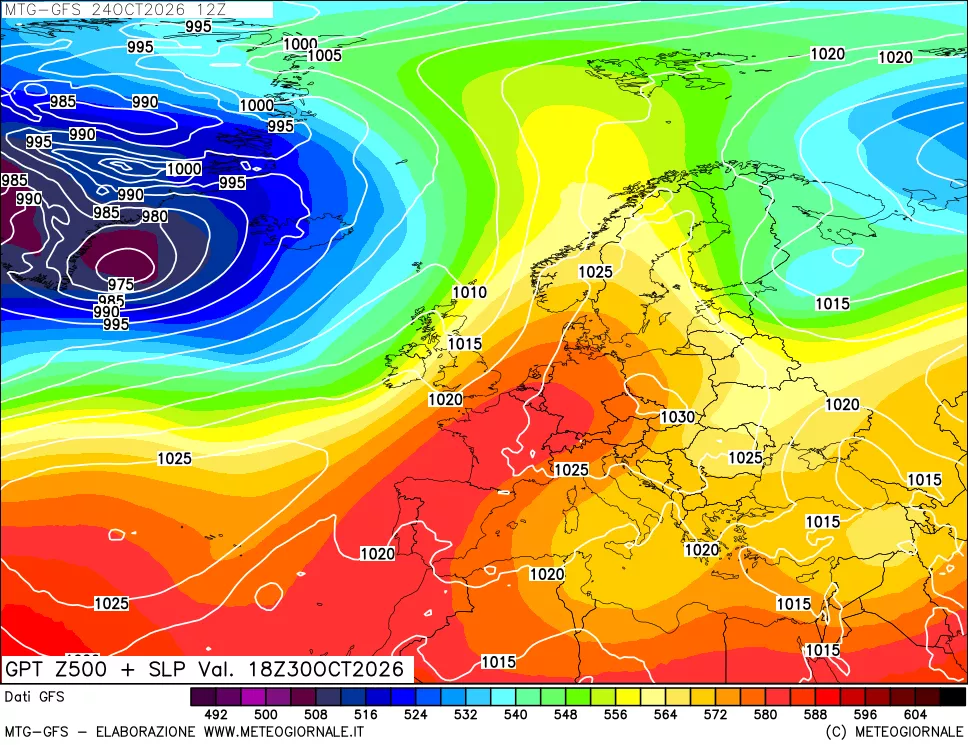 mappa GFS: Geopotenziale a 500 hPa + Pressione sul livello del mare