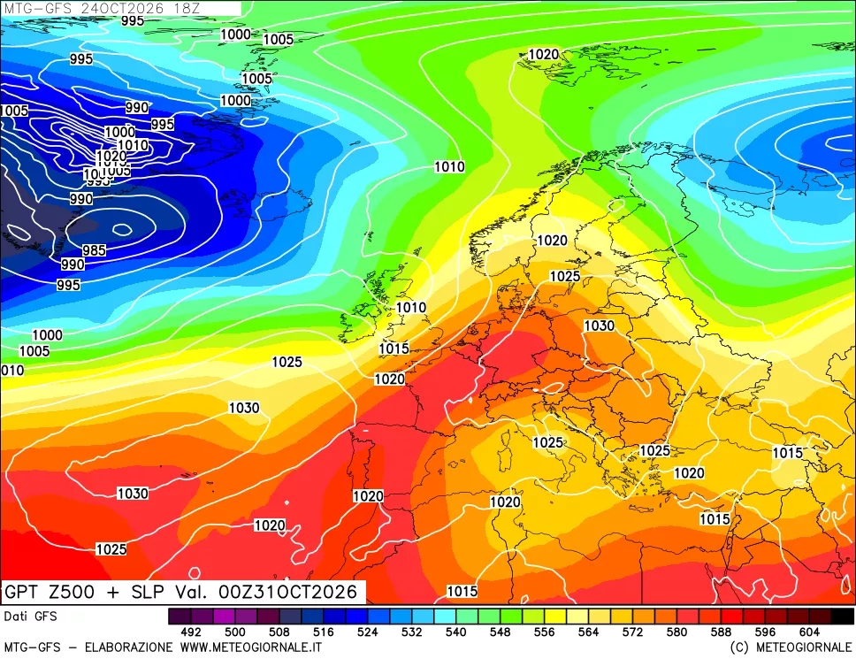 mappa GFS: Geopotenziale a 500 hPa + Pressione sul livello del mare