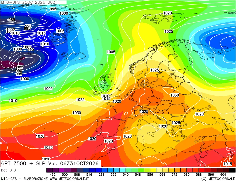 mappa GFS: Geopotenziale a 500 hPa + Pressione sul livello del mare
