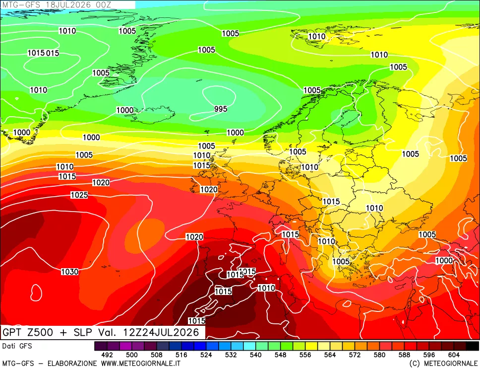 mappa GFS: Geopotenziale a 500 hPa + Pressione sul livello del mare